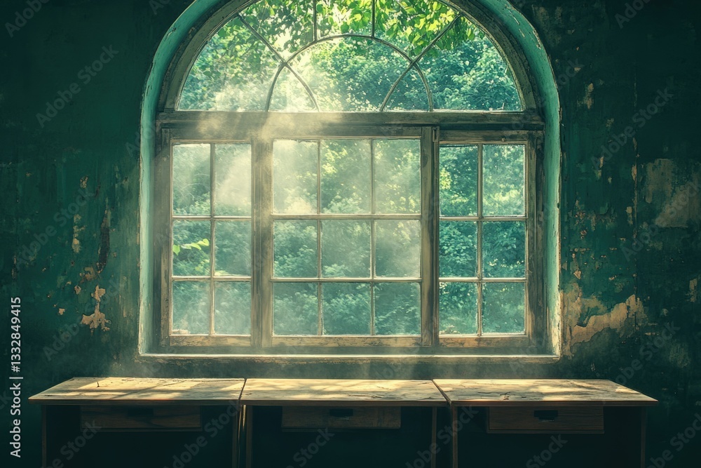 Aufkleber sunlit rays stream through an arched window in a rustic, aged room, illuminating wooden tables.