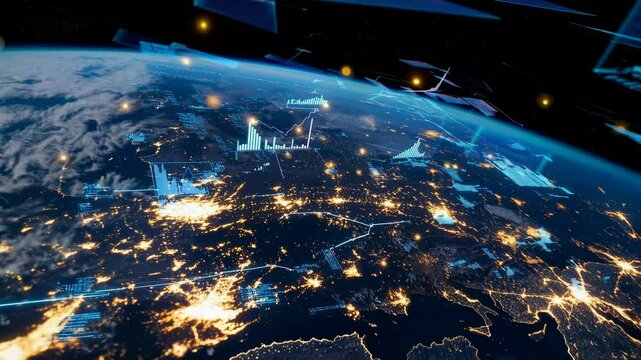 Global connectivity network. Technological data visualization overlaying planet earth at night. Orbital aerial view with dynamic information interface.