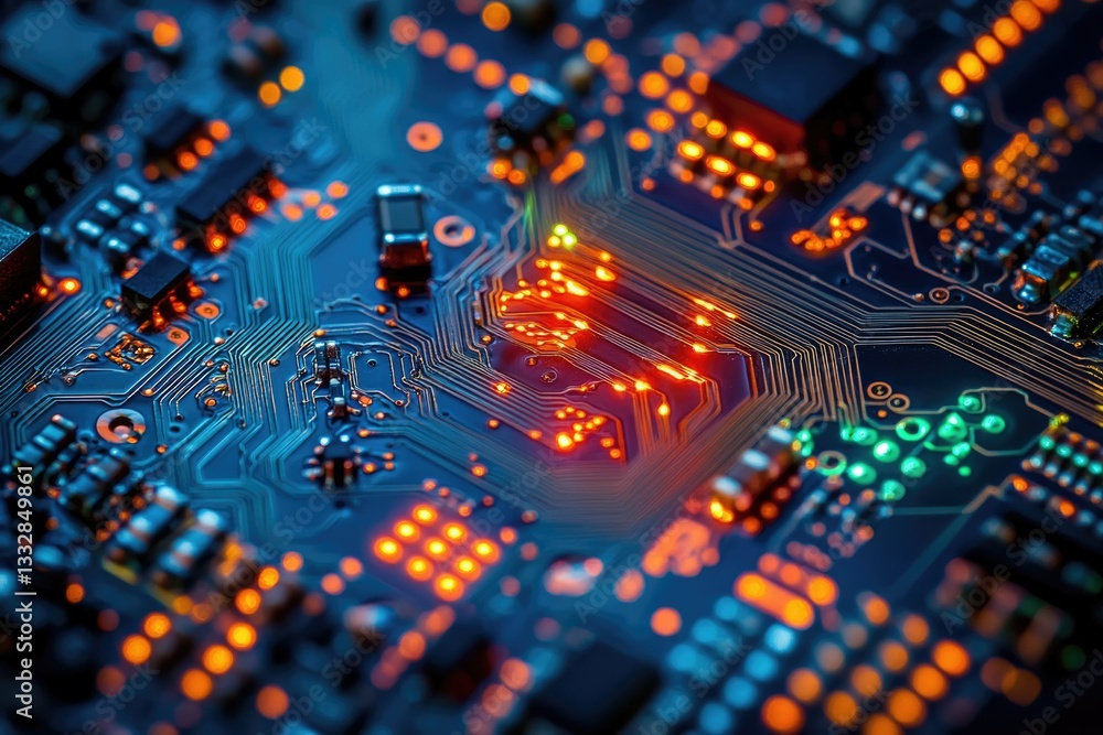 Leinwandbilder Close-up of illuminated circuit board showcasing intricate electronic pathways and components.