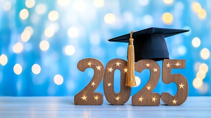 Graduation cap on 2025 numbers with bokeh background