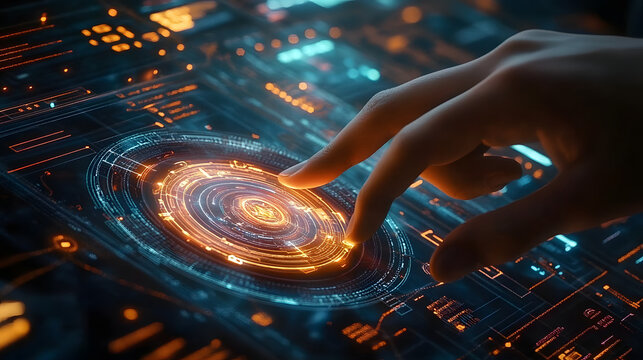 14h Professional high resolution photograph close shot business hand reaches finger points at futuristic holographic simple tool symbols menu