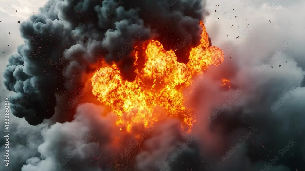 Poster large explosion with realistic smoke billowing into the sky during daylight in a desolate area, larg