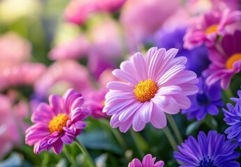 Obraz premium Vibrant Spring Blooms in a Colorful Garden Displaying Pink and Purple Chrysanthemum Flowers with Sunlit Backdrop Enhancing Natural Beauty