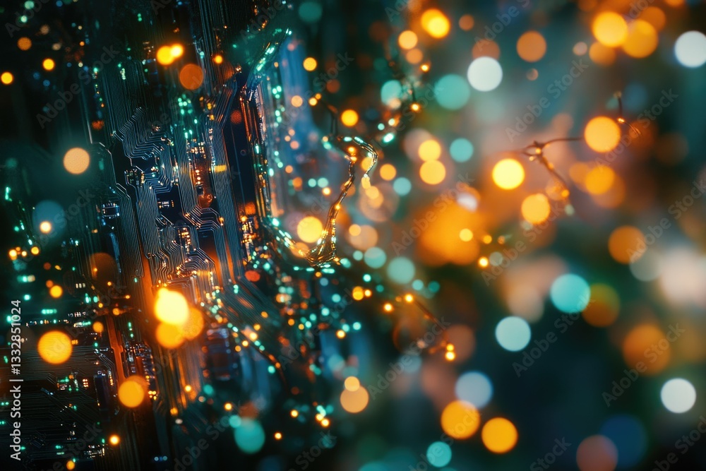 Fototapete abstract image of a circuit board with glowing lights, representing technology and innovation.