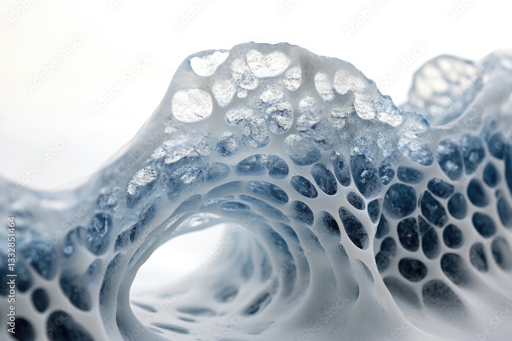Poster Abstract blue and white porous structure resembling a wave or cave, intricate and detailed.