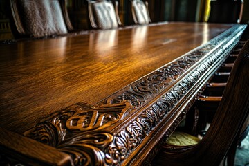 Ornate wooden conference table with intricately carved details, showcasing rich, dark wood grain and luxurious design.