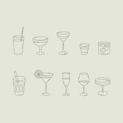 A minimalist line illustration of various drink glasses, including cocktails, wine, whiskey, and champagne. Perfect for menus, branding, decoration, and design.