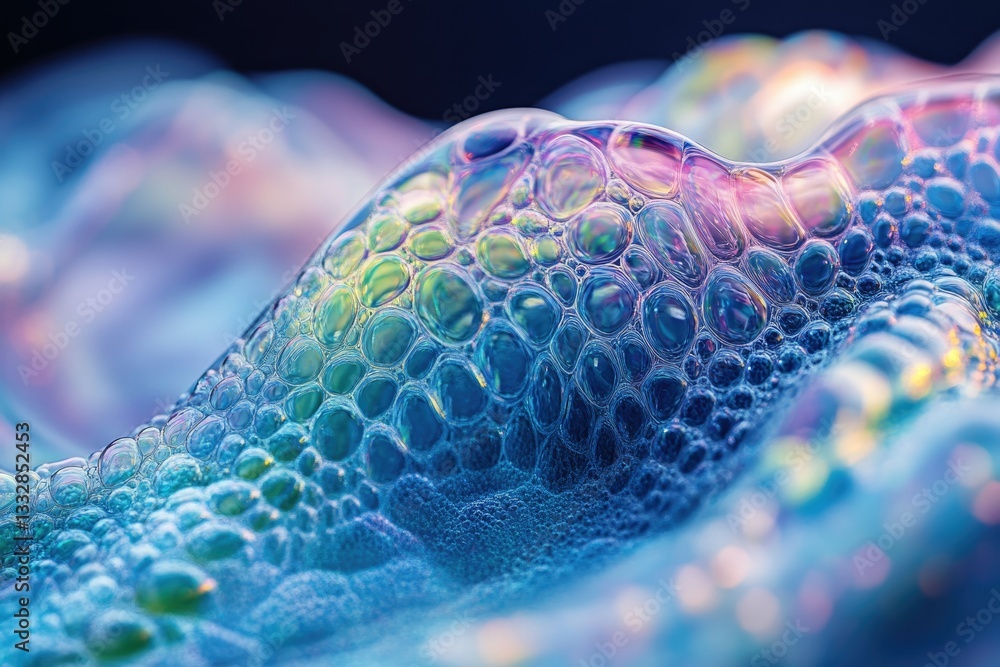 Poster close-up of iridescent soap bubbles forming a textured, undulating landscape.