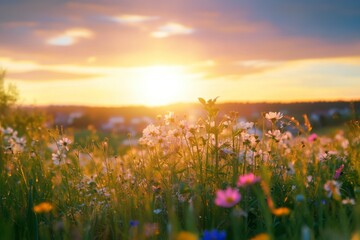 Fototapeta premium Sunset view of wildflowers in a meadow with a city skyline in the background, a summer landscape