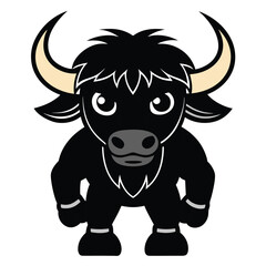 Fototapeta premium A cute cartoon black yak with large horns, facing forward. It has a simplified, bold design with a friendly expression.