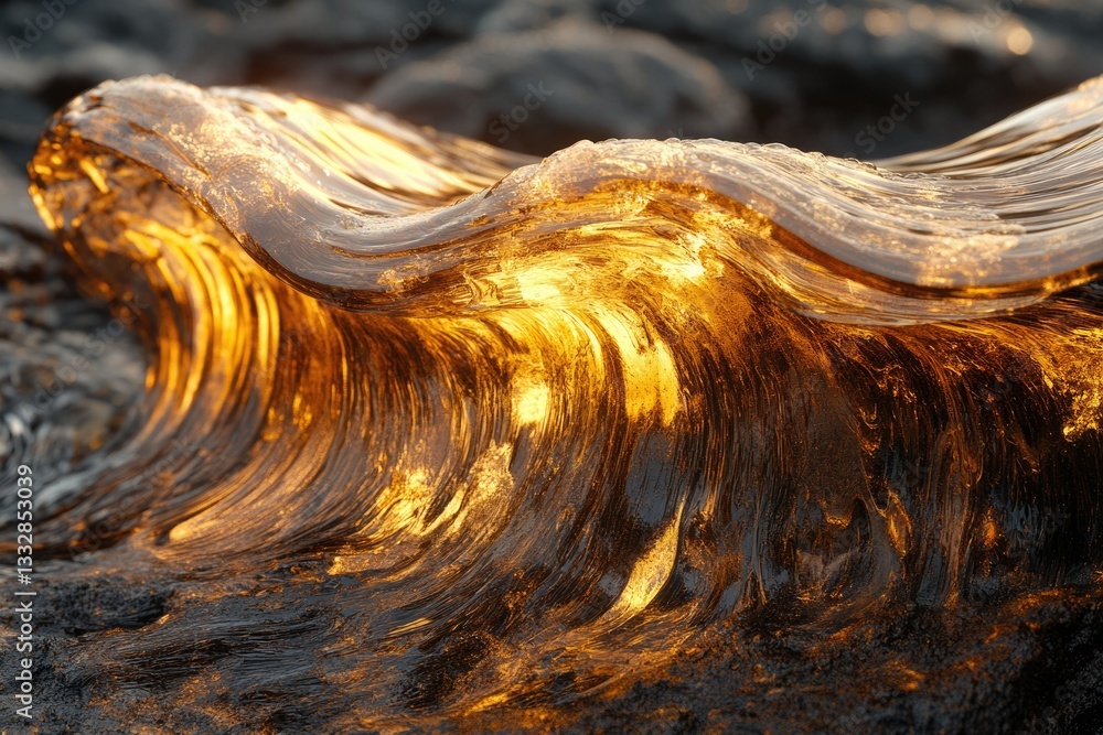 Aufkleber A golden wave crashes on the shore, illuminated by the setting sun, creating a mesmerizing spectacle of nature's beauty.