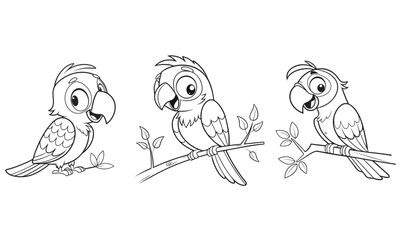 Bundle Cute Cartoon Parrot Coloring Page for Kids Simple Black and White Outline Illustration