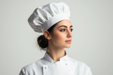 A young chef in her white uniform and hat looks away