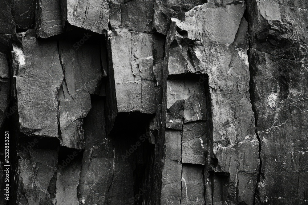 Poster A grayscale image depicting a rugged, textured rock face with sharply defined, angular formations.