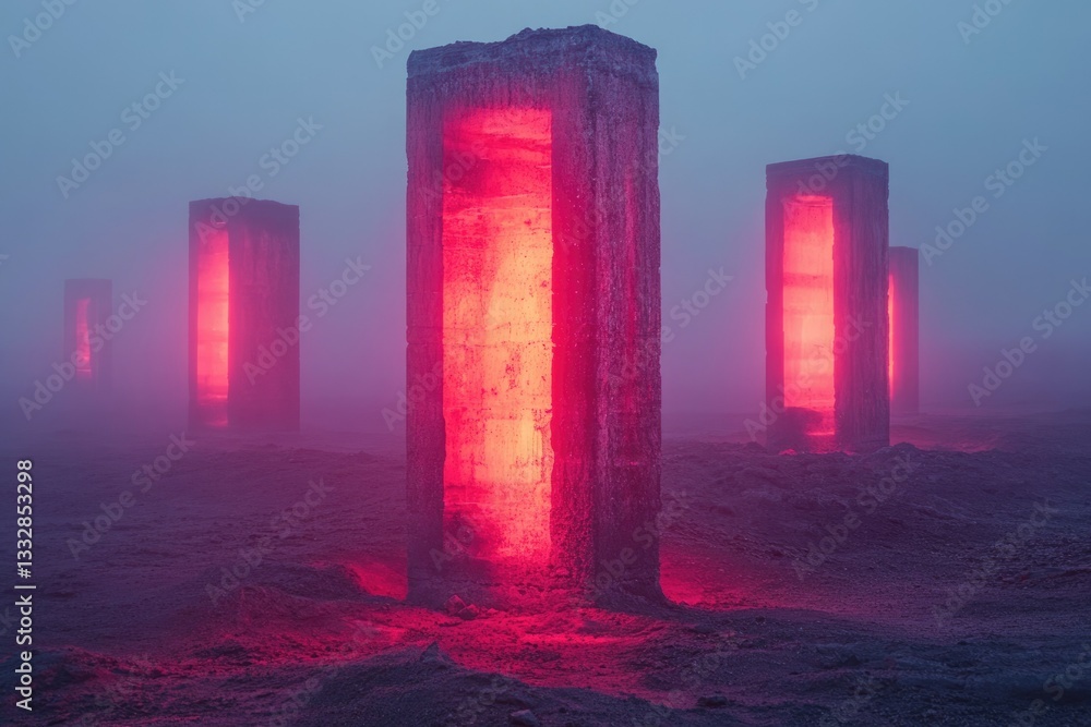 Aufkleber Glowing red structures stand in a misty landscape, creating a mysterious and surreal atmosphere.