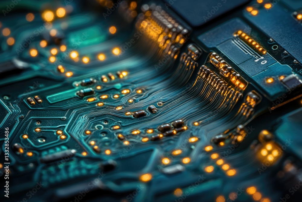 Poster Close-up view of a circuit board's intricate pathways and components, showcasing technological complexity.
