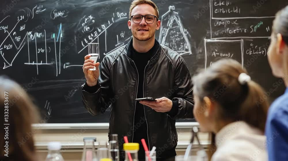 Poster chemistry teacher demonstrates an experiment with formulas written on chalkboard for students in cla