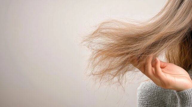 Woman touching split ends, highlighting hair damage from excessive styling and inadequate hair treatment