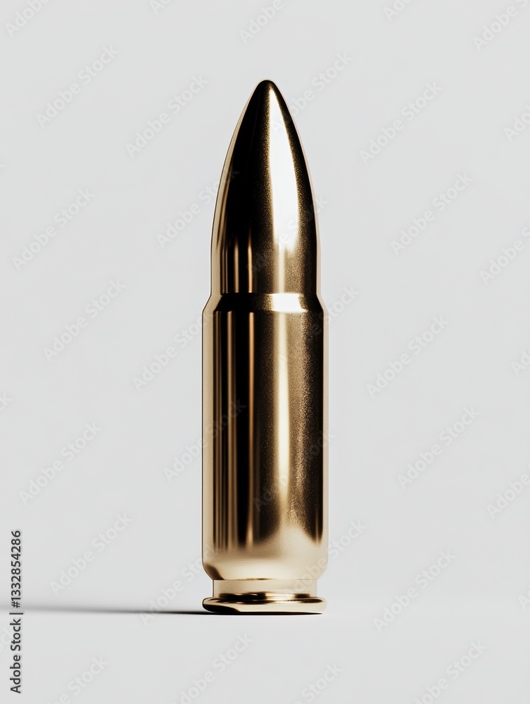 Poster shiny golden bullet standing upright against a plain background with soft shadows highlighting its s