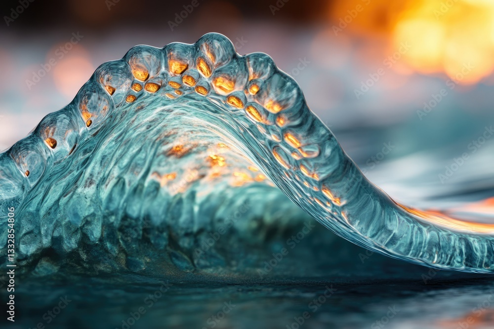 Poster a mesmerizing close-up of an ocean wave, illuminated by golden sunlight, showcasing its intricate te