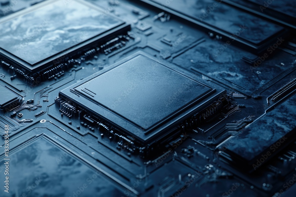 Aufkleber close-up view of a circuit board showcasing intricate microchips and technological components.