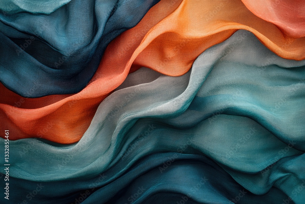 Poster abstract image of flowing fabric in shades of teal, orange and deep blue. luxurious and elegant text
