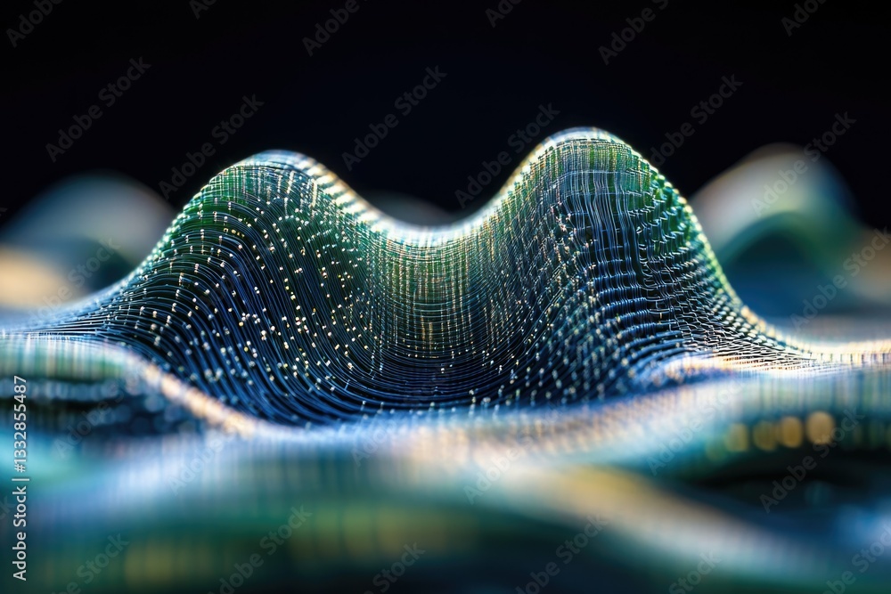 Poster abstract digital landscape, glowing network nodes forming a wavy terrain.
