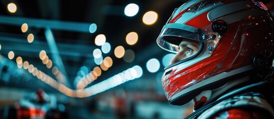 A race car driver wearing a red helmet in a well-lit garage or pit lane, with glowing bokeh lights in the background.