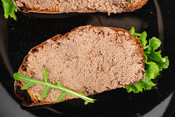 Pate meat chicken liver tasty fresh gourmet food background on the table rustic food top view copy space