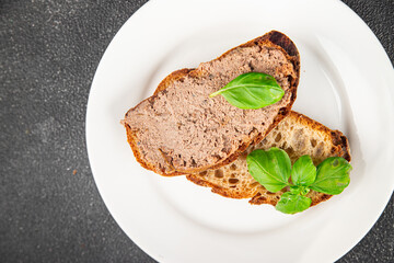 Pate meat chicken liver tasty fresh gourmet food background on the table rustic food top view copy space