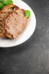 Pate meat chicken liver tasty fresh gourmet food background on the table rustic food top view copy space