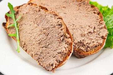 Pate meat chicken liver tasty fresh gourmet food background on the table rustic food top view copy...