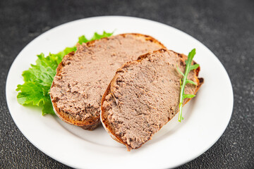 Pate meat chicken liver tasty fresh gourmet food background on the table rustic food top view copy space