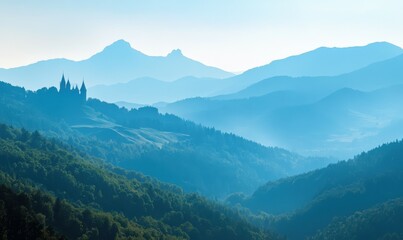 Obraz premium Majestic mountain landscape with a castle silhouette in the distance