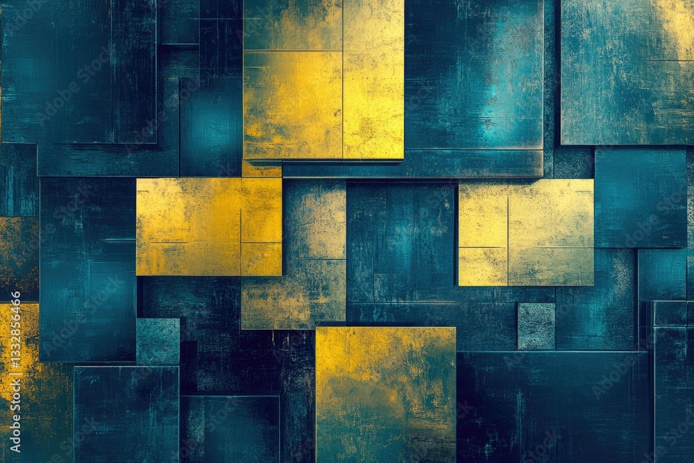Aufkleber Abstract geometric pattern of textured teal and gold squares creating a modern and artistic composition.