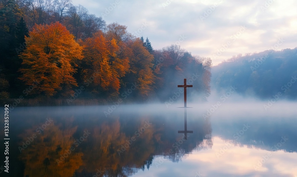 Poster mysterious cross surrounded by fog and autumn trees by a quiet lake at dawn