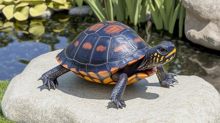 Obraz premium A turtle resting on a stone by a pond. Detailed view of its shell and legs