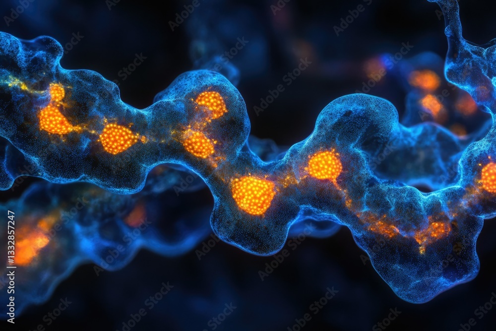 Poster microscopic view of cells interconnected, showcasing orange organelles within a blue cellular networ