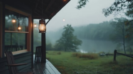Cozy cabin porch with lantern, overlooking misty lake and forest on a rainy day.