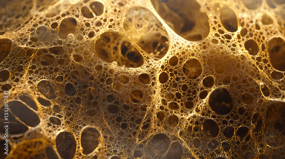 Wall mural mycelial network. macro view of intricate golden-brown structures with web-like patterns and darker 