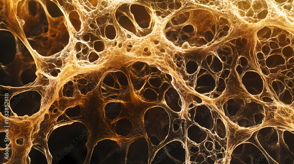 Wall mural mycelial network. macro view of intricate golden-brown structures with web-like patterns and darker 