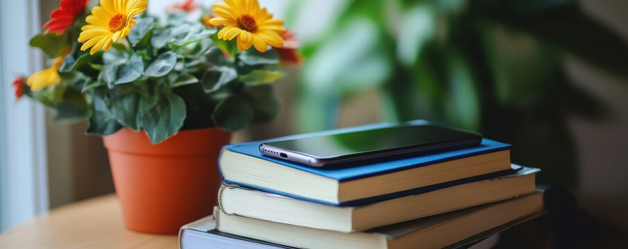 A mobile phone rests on a stack of books next to a vibrant flower pot, illustrating the concept of online education and virtual learning in a cozy study environment