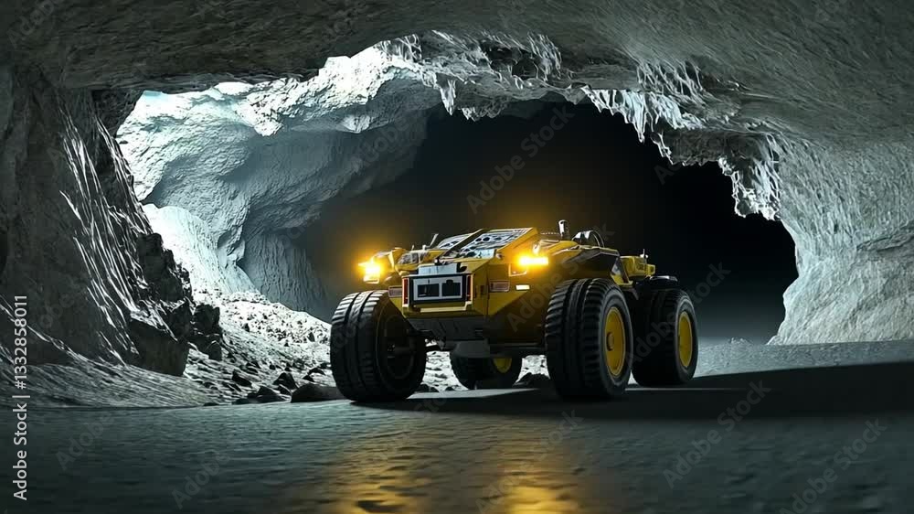 Poster exploration rover navigating through a lunar cave illuminated by artificial lights
