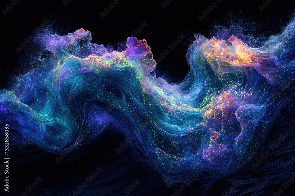 Poster abstract cosmic waves of vibrant colors and glowing particles in dark space.