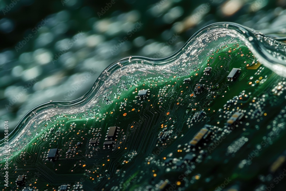 Poster Abstract image of a circuit board submerged in a wavy, translucent liquid, showcasing technological innovation.