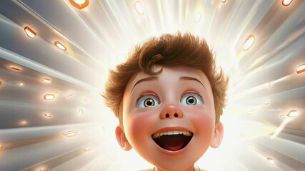 Animated 3D character of surprised child with wide open mouth against radiant background Excited boy with brown hair and rosy cheeks experiencing wonder moment with dynamic light bursting from behind.