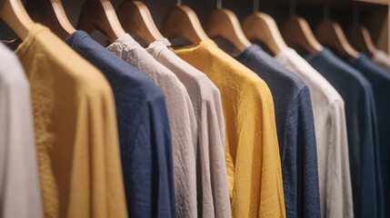 Obraz premium Hand stitched garments dyed with natural pigments hanging in a row for sustainable fashion display