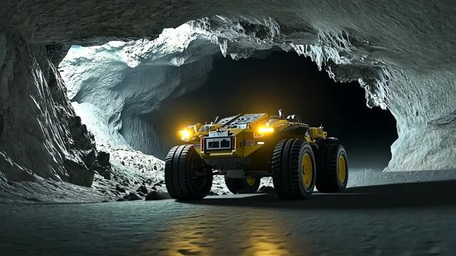 Exploration rover navigating through a lunar cave illuminated by artificial lights