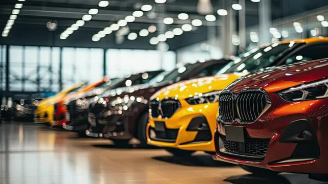 Luxury car dealership interior showing row Premium automobiles displayed in modern showroom with dramatic lighting highlighting glossy finishes and distinctive design
