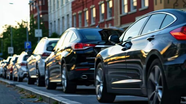 Cars parked along a city street during when evening sunlight reflects off the surfaces of vehicles. A number of modern cars lined up next to each other creates spectacular shadows and highlights